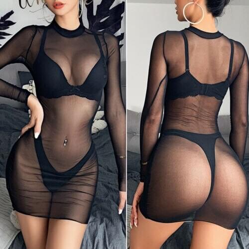 2021 New Arrival Sexy Women Mesh Sheer Mini Dress Transparent Bikini Cover Up Long Sleeve Swimwear Bathing Suit Beach Dresses