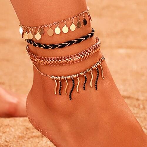 ZHINI 4Pcs/set Fashion Beach Foot Jewelry Leg Chain Anklets For Women Bohemia Sequins Pendant Ankle Beaclet Tobilleras Mujer