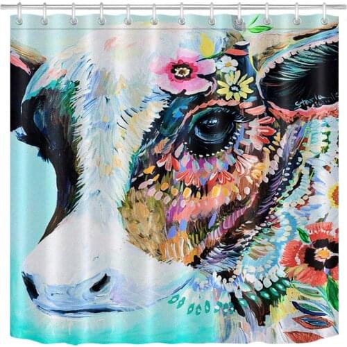 Animal Decorations Watercolor Cow Colorful Flowers Petals Leaves Funny Bathroom Decor