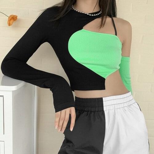 2021 Fashion Trend Womens T-shirt Hollowing Out Color Contrast Irregular Oblique Shoulder Long Sleeves Crop Tee Tops for Female