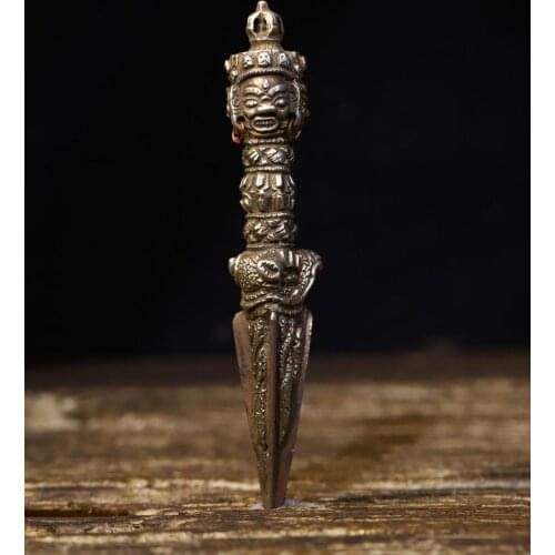 6" Tibet Buddhism Temple Tiantie Makakala Buddha Head Dorje Vajra Phurba Dagger Holder