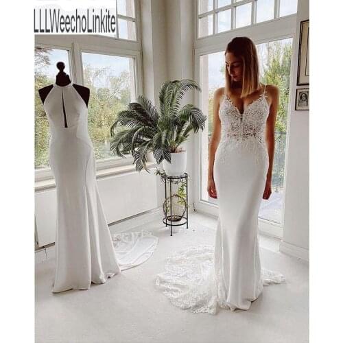 White Lace Satin Chiffon Floor-Length Mermaid/Trumpet Wedding Dresses Chapel Train V-Neck Spaghetti Straps Bridal Gowns