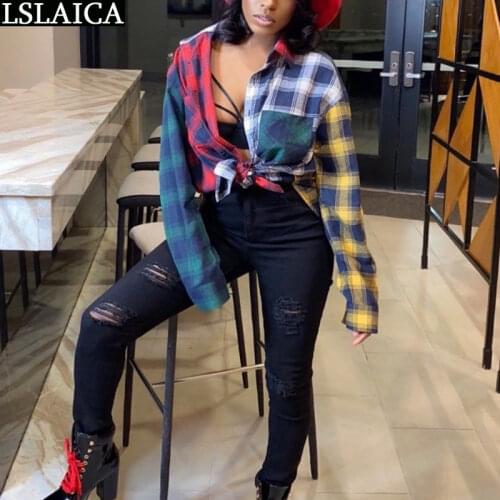 Blouse Women Fashion 2020 Autumn Plaid Patchwork Female Long Shirts Long Sleeve Turn-down Collar Casual Tops for Women Plus Size