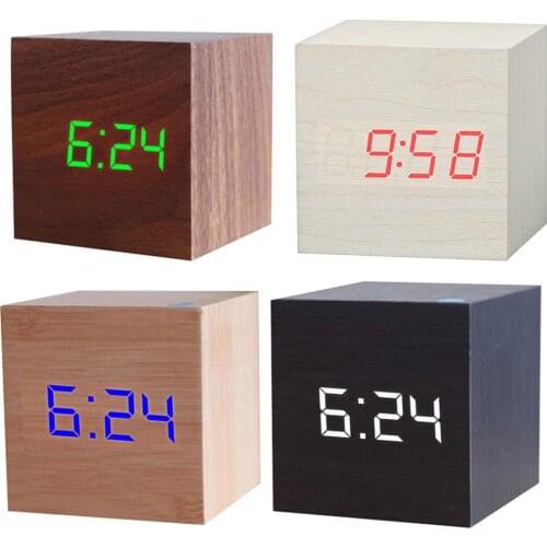 Wooden Square Digital Electronic LED USB Clock Desk Alarm Clock Table Voice Control Decoration School Intelligent Clock