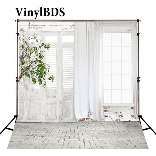 VinylBDS Indoor Wedding Backdrop Wooden Window and Door Background White Brick Floor Backdrops White Curtain Backdrop for Studio