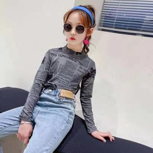 2021 Spring Autumn Girls T Shirt Tees Kids Crop Top Children Streetwear Clothes Newspaper Print Skinny 4T 5T 6T 8 To 12 14 Years