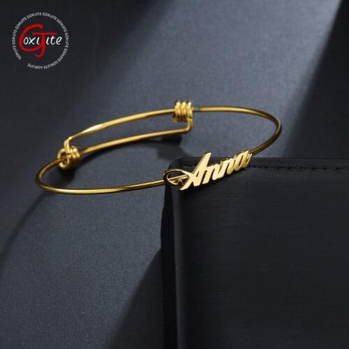 Goxijite 2020 Trendy Personalized Name Bangles for Women Stainless Steel Gold Charms Open Cuff Bracelet & Bangle Jewelry Gift