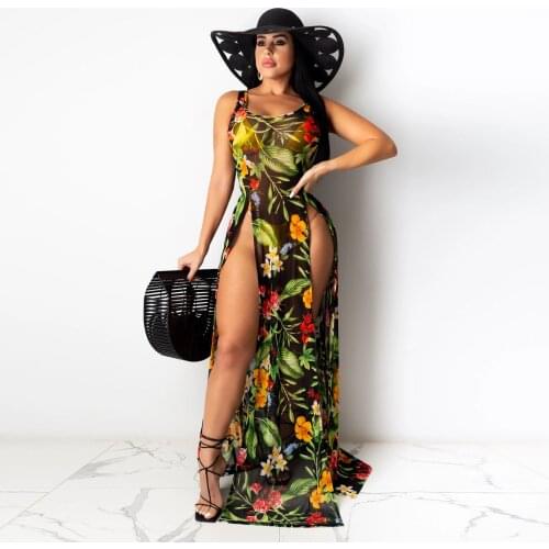 Hirigin 2021 Summer Beach Dress Casual Sexy Split Suspender Women Clothes Travel Seaside Beach Plus Size Floral Dresses Female