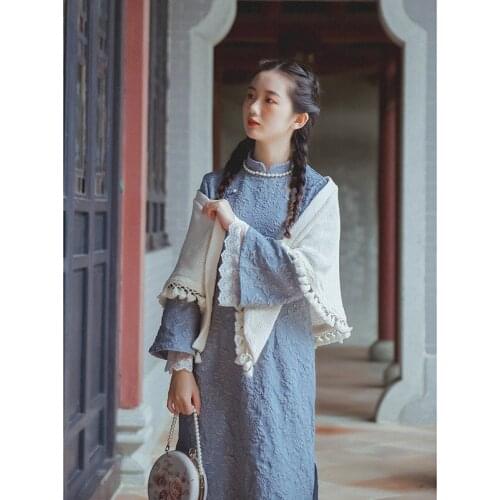 Chinese Dress Blue Qipao Rose In Relief Cheongsams Jacquard Chinese Style Retro Four Seasons Cheongsam Hanfu Dresses