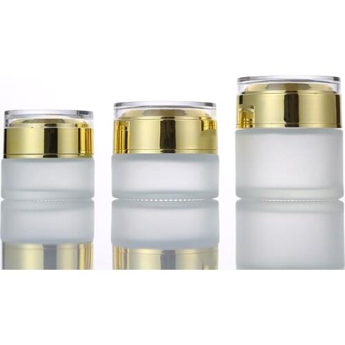 Matt Frost Glass Cream Jar 20G 30g 50G Shiny Gold Silver White Acrylic Lid Empty Cosmetic Packaging Containers Bottles 15pcs
