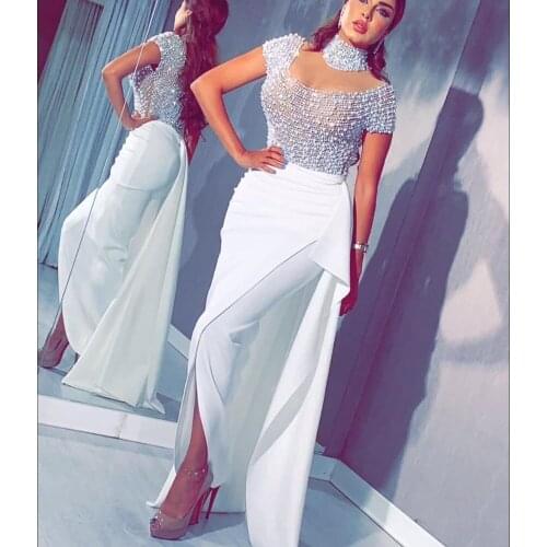 Crystal prom dresses 2020 satin white beaded mermaid short sleeve evening dresses vestidos de fiesta