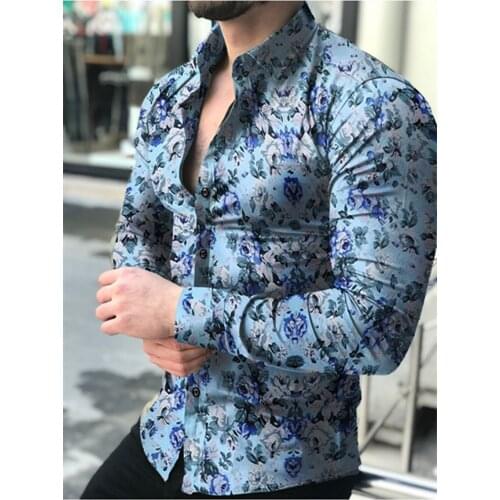 Casual Men Shirt Long Sleeve Europe Style Slim Fit Shirt Men Cotton Floral Shirt Hawaii Button Shirt Top Blouse Male Top M-5XL
