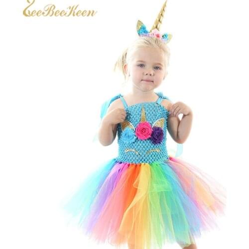 Girls Rainbow Tutu Dress Baby Unicorn Party Dress Halloween Cosplay Costume Flower Wedding Dress For Kids Unicorn Princess Dress