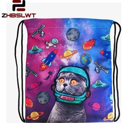 ZHBSLWT New Fashion Galaxy Space Cat Drawstring Bag Women Backpack 3D Printing Travel Softback Women Mochila -037