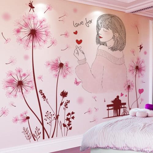 [shijuekongjian] Pink Dandelions Flowers Wall Stickers DIY Cartoon Girl Wall Decals for Bedroom House Decoration Accessories