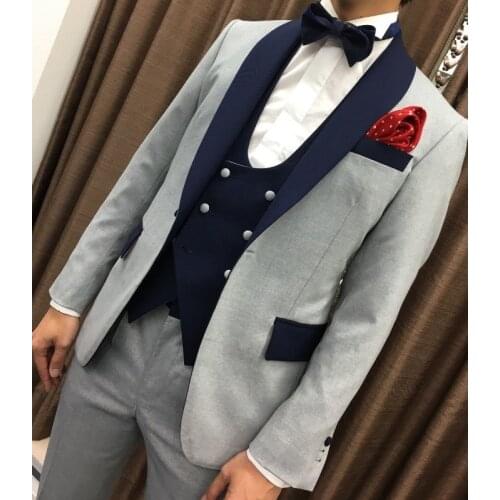3 Piece Wedding Tuxedo for Prom Slim Fit Men Suits with Double Breasted Waistcoat Gray Male Groom Fashion Costume Jacket Pants
