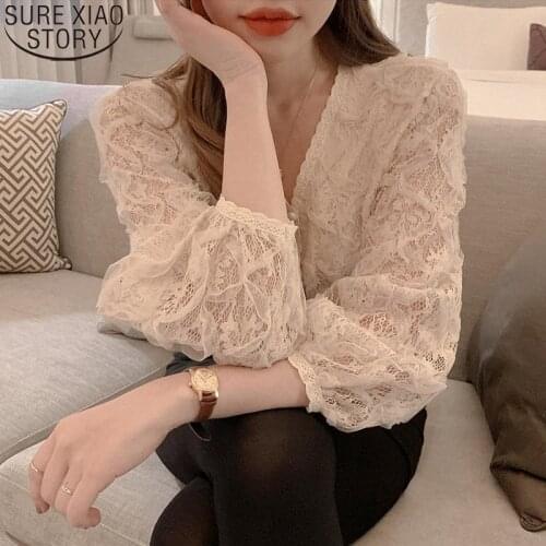 Loose Lace Shirt Chiffon Blouse Spring New Long Sleeve V-neck Lace Shirt Sweet Hollow Out Top Female Wild Blusas Mujer 13921