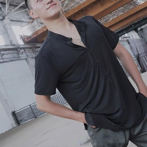 Mens Latin Dance Practice Tops Black Short Sleeves Adult Dancing Performance Clothes Ballroom Cha Cha Dance Shirt Top DWY3873