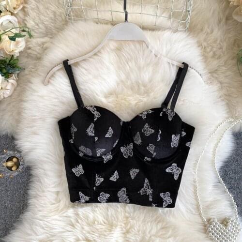 Corduroy Solid Embroider Butterfly Crop Top To Wear Out Autumn Corset Top Sexy Tops Women Bra Push Up Bustier Female Tops Mujer