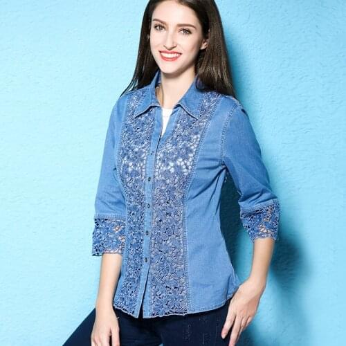 Atumn new arrival lace shirt womens fashion denim shirt large size blouse women NW17C1273