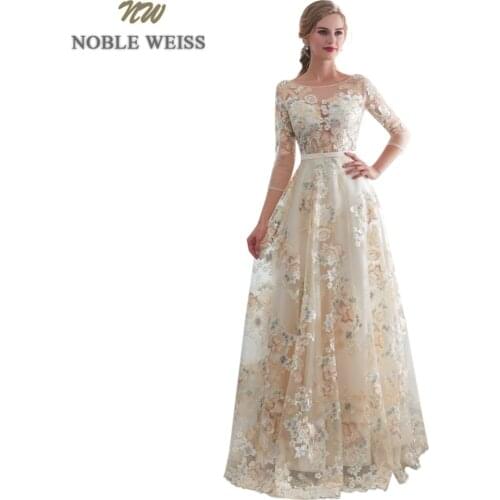 NOBLE WEISS 3/4 Sleeves Evening Dresses 2019 Sheer O-Neck Lace Prom Gowns Formal A-Line Lace Vestido de festa longo