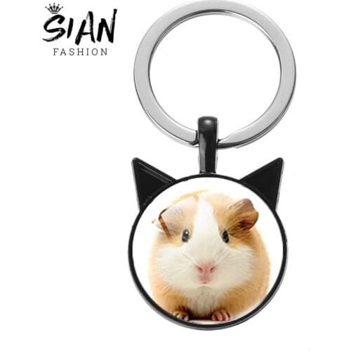 SIAN Guinea Pig Keychain Black Wolf Animal Pendant Glass Cabochon Cat Ears Metal Holder Key Chain Punk Jewelry Gift Accessories