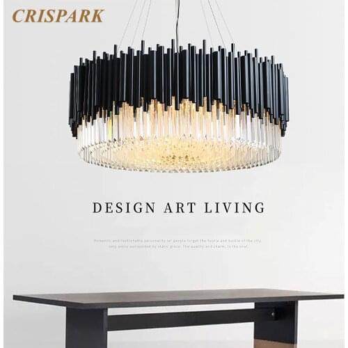 Postmodern Black Round Chandelier Light LED E14 Clear Crystal Living Room Decorative Lamp Art Deco Bedroom Dining Table Kitchen