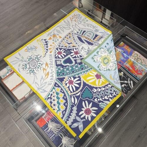 90cm Mosaic Horse Double Sided 100% Silk Scarf Brand Design Hand Rolled Edge Natural Silk Square Scarf Women Shawl Hijab Bandana