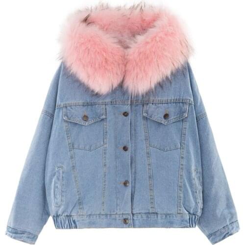 Denim jacket womens winter Warm motorcycle velvet jacket female short lapels fur thick Korean version plus velvet bomber jacket