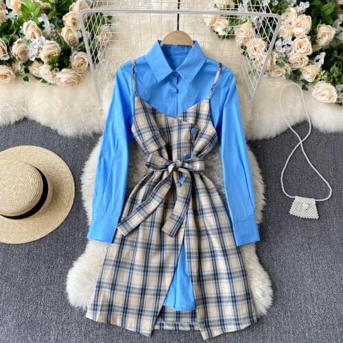 Lightly cooked wind explosion suit two-piece net red mid-length shirt female wild retro plaid sling dress trend