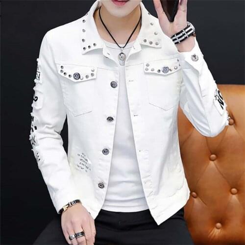 Wholesale 2021 Fashion Hip Hop White Denim Jacket Streetwear Male Hole Cowboy Coat Autumn Clothing Casual Rivet Jeans Outwear