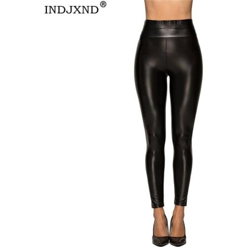 INDJXND Faux Leather Leggings Women Black Stretchy Push Up High Waist Pants Waterproof Plus Size Fitness Skinny Spandex Jeggings
