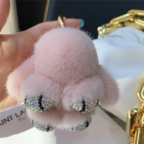 Plush Cute Bunny Real Mink Fur Keychain Toys Trinket For Women Bag Pendant Car Key Ring Ornaments Soft Pompom Rabbit Girl Gift