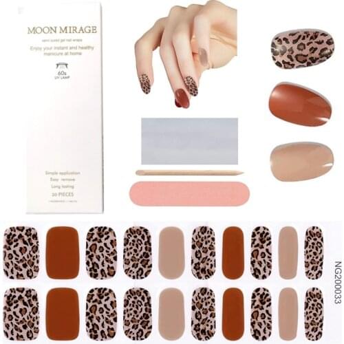 Semi Cured Gel Nails Sticker Wraps UV Light Required Leopard Print Brown Apricot Full Self Adhesive Strips DIY Manicure Art Kit