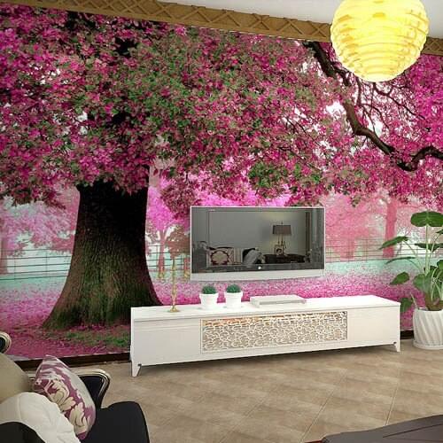 3D Wall Murals Cherry Blossom Wallpaper Photo Waterproof for Living Room papel de parede para quarto Landscape Wall Mural Purple