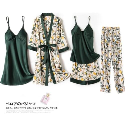 5Pcs Sleep Suit Women Satin Pajamas Gown Set V-neck Cami Nighties Wear Pijama Home Floral Priint Nightwear Spring Femme