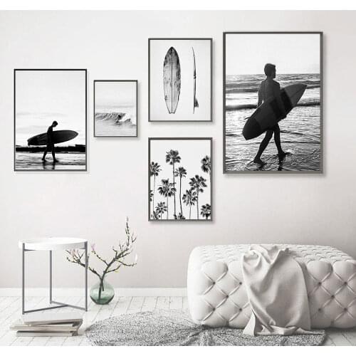 Nordic Poster Black and White Staking Man on Beach Canvas Prints Tree Wall Pictures for Living Room Abstract Minimalist Decor