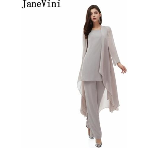 JaneVini Gray Three Pieces Mother of the Bride Dresses with Jacket Elegant Chiffon Pant Suits Wedding Women Outfits Evening Gown