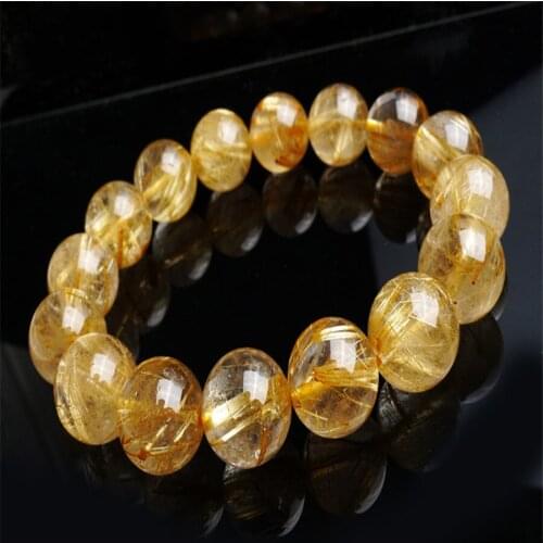 Genuine Natural Yellow Gold Titanium Rutilated Quartz Round Beads Fashion Jewelry Crystal Stretch Bracelet 13.5mm