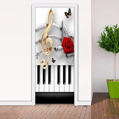 DIY Self adhesive Door Stickers 3D Piano note rose Decals For Living Room Bedroom Door Decor PVC Waterproof Art Wallpaper Poster