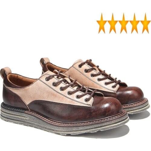 Vintage Real Leather England Men Mixed Color Patchwork Work Casual Shoes High Quality Winter Lace Up Safety Flat Sneakers