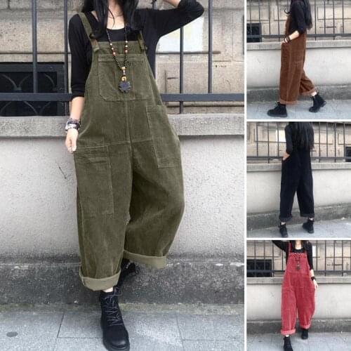 Vintage Corduroy Jumpsuits Womens Autumn Pants 2021 ZANZEA Casual Suspender Wide Leg Playsuits Rompers Trousers