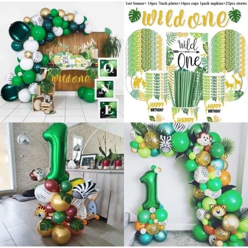 Wild One 1st Birthday Green Forest Party Supplies Animal Tableware Balloon Arch Garland Jungle Safari Birthday Decoration Party