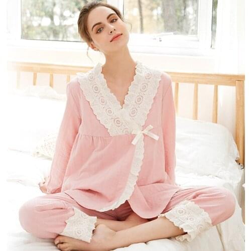 Women Cotton Long-sleeved Pajamas V-Neck Pink Pijamas Plus Size Loose Sleepwear Two Piece Set Spring Sexy Nightwear Home Clothes
