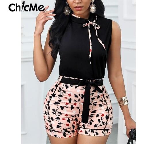 Chicme Women Summer Sleeveless Knotted Tank Top & Floral Print Shorts Femme Two Piece Set With Belt Casual Streetwear