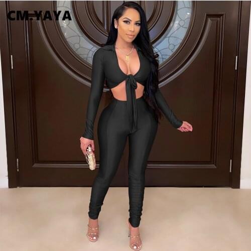 CM.YAYA Women Set Solid Full Sleeve Bandage V-neck Crop Tops Strechy Pencil Pants Two 2 Piece Sets Tracksuit Summer Outfit 2021