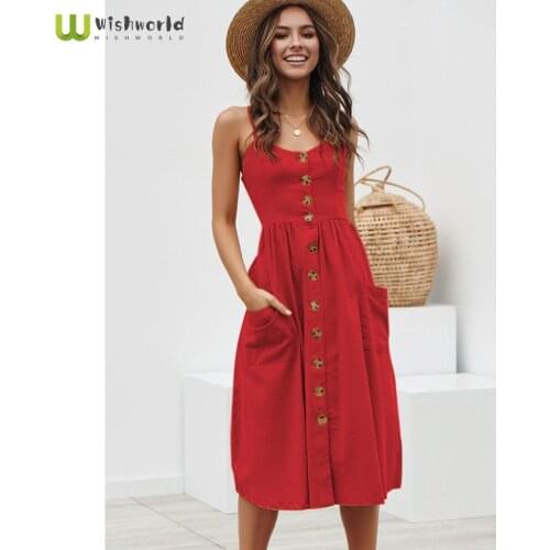 Wishworld Fashion Womens Sling Single Breasted Summer Casual Dress Popular Pocket Decoration Party Club Dress MIDI Sun Dress