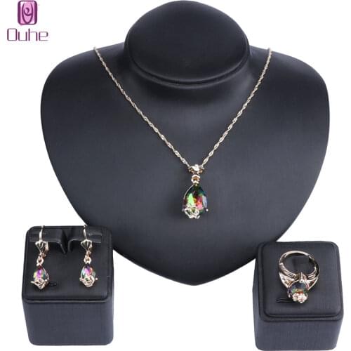 Women Water Drop AAA Big Cubic Zircon Pendant Necklace Earring Ring Wedding Statement Crystal Jewelry Set
