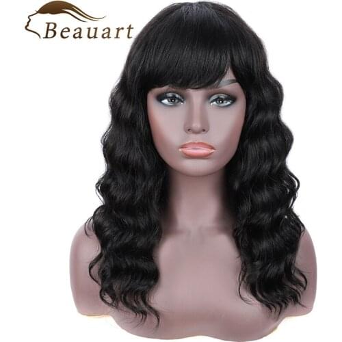 Beauart 100% Human Hair Deep Wave Full Wigs For Women 16" Black Straight In To Wave Wigs With Hair Bangs None Lace Front Wig
