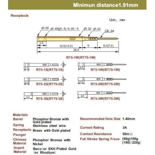 FREE SHIPPING 100PCS/LOT R75-1W 26.5MM TWO PART SPRING TEST PROBES RECEPTACLE